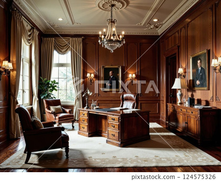 Luxurious executive office design with classic wooden furniture and elegant decor 124575326