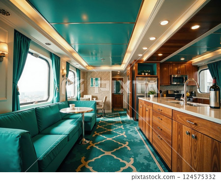 Luxurious modern yacht interior design with teal accents and wooden finishes for elegant living spaces 124575332