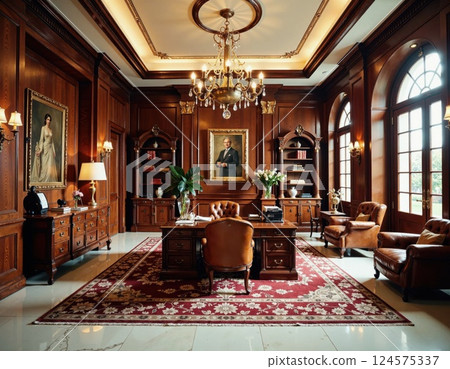 Luxurious vintage office interior with classic wooden decor and elegant chandelier lighting 124575337