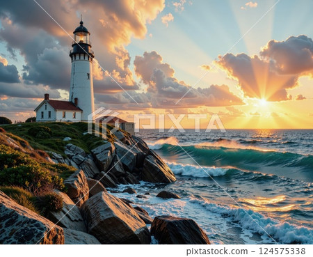 Majestic lighthouse at sunrise overlooking ocean waves and rocky coastline perfect for seaside retreat designs 124575338