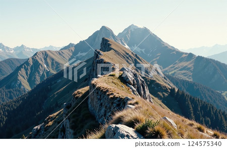 Majestic mountain range at sunrise with lush green valleys and jagged peaks for nature enthusiasts and outdoor adventure inspiration Majestic mountain range at sunrise with lush green valleys and jagged peaks for nature enthusiasts and outdoor adventure inspiration 124575340