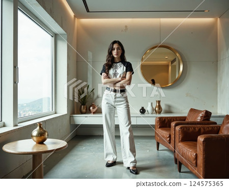 Modern interior design with earthy tones and minimalist elegance featuring stylish woman 124575365
