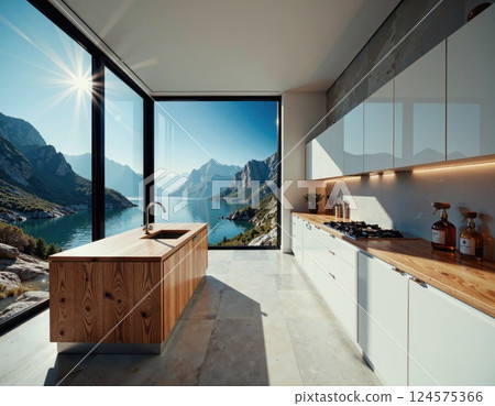 Modern kitchen design with panoramic mountain and lake view for inspirational home decor 124575366
