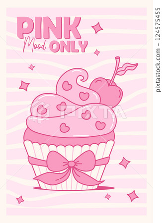 Pink Vintage Coquette Cream Cupcake with Cherry Berry and Ribbon Bow. Romantic Girly Vibe. Aesthetic Sweet Dessert on Groovy Distorted Stripe Background. Vector illustration. Cute Trendy Cool card 124575455