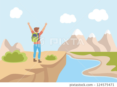 spring outdoor activties mountains hiking background hiker standing on a rocky cliff overlooking a winding river 124575471