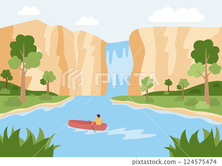 spring outdoor activties Kayaking background kayaker paddling through a river, surround forest and mountain with waterfall spring outdoor activties Kayaking background kayaker paddling through a river, surround forest and mountain with waterfall 124575474