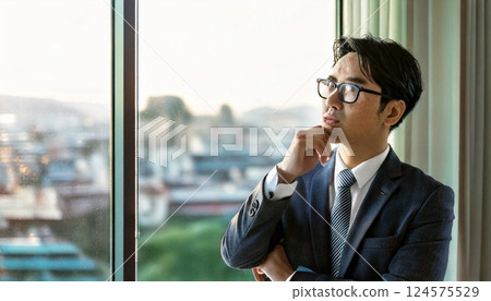 一位日本男性商人嚴肅地思考著 一位日本男性商人嚴肅地思考著 124575529