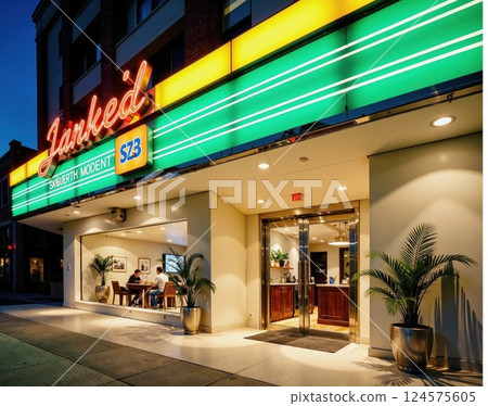 Retro dinner experience at vintage diner with neon lights and vibrant colors for evening fun 124575605