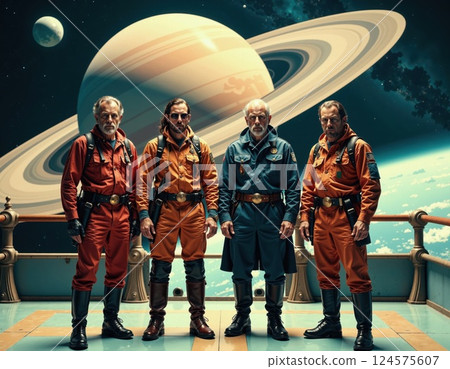 Retro sci-fi adventure: galactic exploration team in front of saturn's spectacular rings 124575607