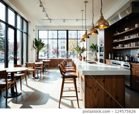 Rustic urban cafe interior with modern lighting and open layout for social gatherings and relaxed workspaces Rustic urban cafe interior with modern lighting and open layout for social gatherings and relaxed workspaces 124575626