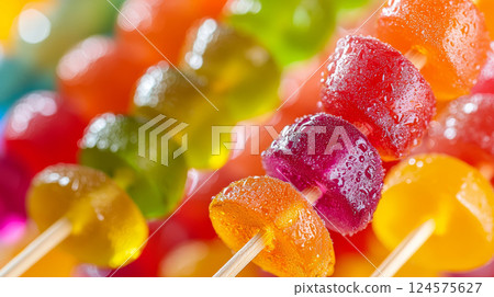 Colorful gummy candy skewers displayed on a vibrant background perfect for parties and celebrations Colorful gummy candy skewers displayed on a vibrant background perfect for parties and celebrations 124575627