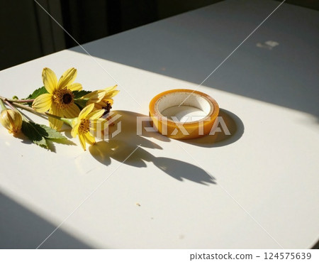 Sunlit minimalistic still life with yellow flowers and tape on white surface 124575639