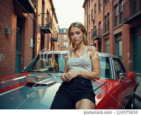 Urban chic fashion scene with vintage car vibe on city street for modern lifestyle inspiration 124575650