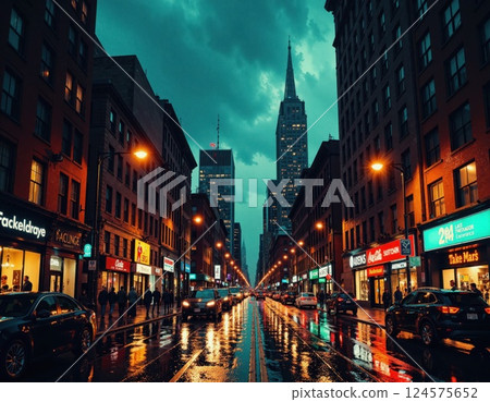 Urban evening rainscape: city lights and reflections on a vibrant night street 124575652