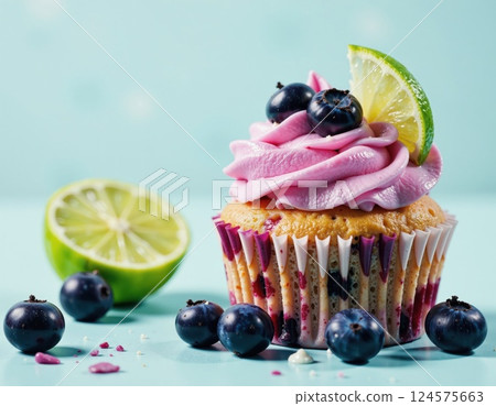 Vibrant blueberry lime cupcake on colorful background for dessert inspiration and culinary creativity 124575663