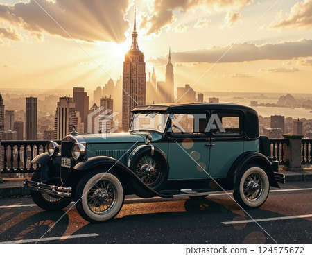 Vintage car in urban sunset with cityscape background - timeless elegance and nostalgic charm 124575672
