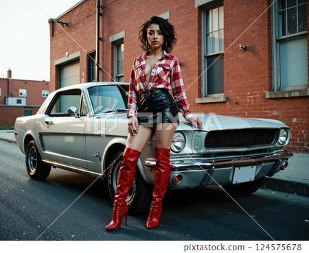 Vintage vibes: retro mustang with stylish fashion forward model in urban setting Vintage vibes: retro mustang with stylish fashion forward model in urban setting 124575678