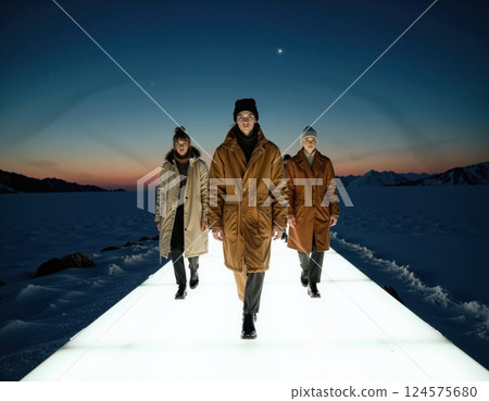 Winter fashion adventure: trendy outerwear against scenic dusk backdrop 124575680