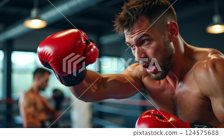 Intense training session of an athlete in boxing gloves at a gym during daylight hours Intense training session of an athlete in boxing gloves at a gym during daylight hours 124575688