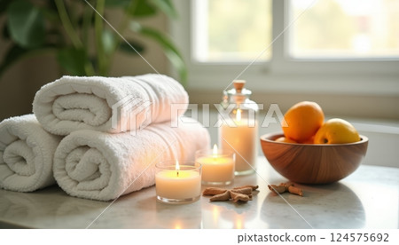 Relaxing spa setup with towels, candles, and fresh fruit arranged on a countertop 124575692