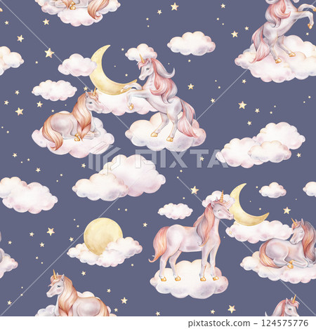 Seamless watercolor pattern with Unicorn and yellow stars, and clouds. Hand drawn Illustrations of background for nursery wallpaper, baby decor, textiles, or children paper. Pastel colors pony 124575776