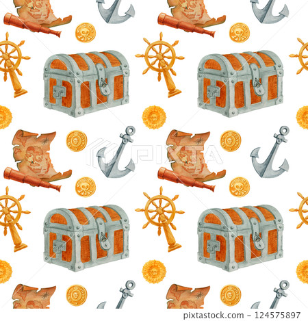 In search of treasure. Watercolor cartoon print with pirate chest, old treasure map and coins on white background. Creative children design for fabrics, packaging, textiles, wallpaper, clothing In search of treasure. Watercolor cartoon print with pirate chest, old treasure map and coins on white background. Creative children design for fabrics, packaging, textiles, wallpaper, clothing 124575897