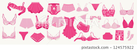 A collection of fashionable women's Lingerie.  A set of women's lace underwear, panties, bras, corsets, bodysuits, garter belts, stockings. 124575922