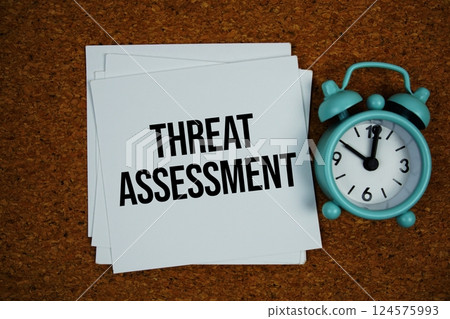 Threat Assessment text on sticky note with alarm clock on cork paper background 124575993