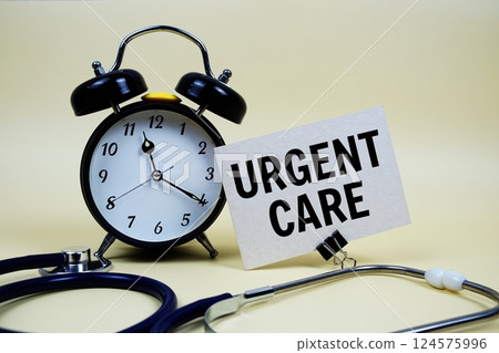 Urgent Care text on speech bubble with alarm clock and stethoscope on yellow background, Healthy concept 124575996