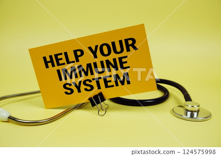 Help Your Immune System text message on speech bubble with stethoscope on yellow background Help Your Immune System text message on speech bubble with stethoscope on yellow background 124575998