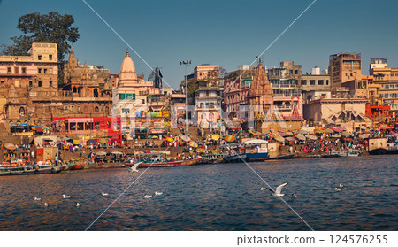 Varanasi, India - March 07, 2025: Main ghat at Ganges river in Varanasi city, India 124576255
