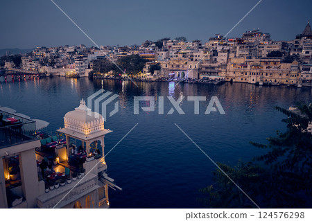 Panorama of Udaipur city at night, India 124576298
