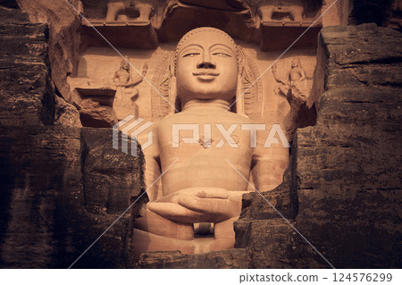 Gopachal Rock Cut Digambar Jain Statues in Gwalior city, India 124576299