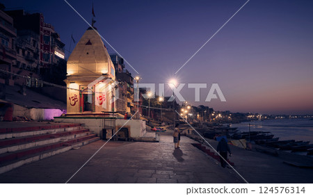 Panorama of Varanasi ghat at Ganges river at night, India 124576314