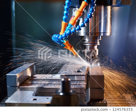 CNC milling machine processing on steel with cooling CNC milling machine processing on steel with cooling 124576355