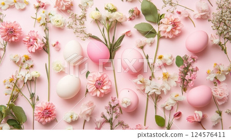 pink and white Easter eggs beautifully arranged among delicate spring flowers on a light pink background pink and white Easter eggs beautifully arranged among delicate spring flowers on a light pink background 124576411
