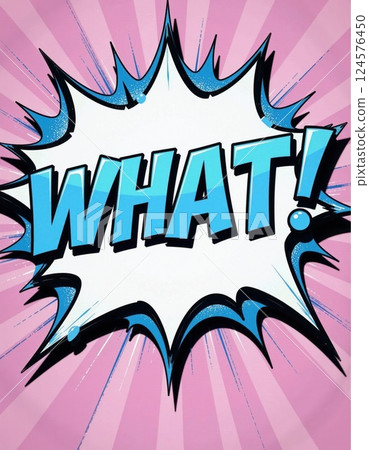 Bold pop art exclamation with retro comic style text on vibrant pink burst background 124576450