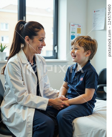 Caring pediatrician consultation: child's healthcare moment in modern clinic setting Caring pediatrician consultation: child's healthcare moment in modern clinic setting 124576460