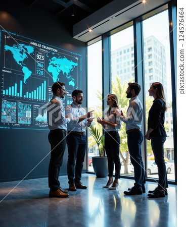 Collaborative business team analyzing data visualization in modern office setting 124576464