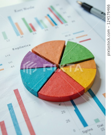 Colorful pie chart on financial graphs for data analysis and business strategy planning 124576466