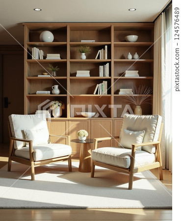 Cozy minimalist reading nook with scandinavian lounge furniture and wooden bookshelves 124576489