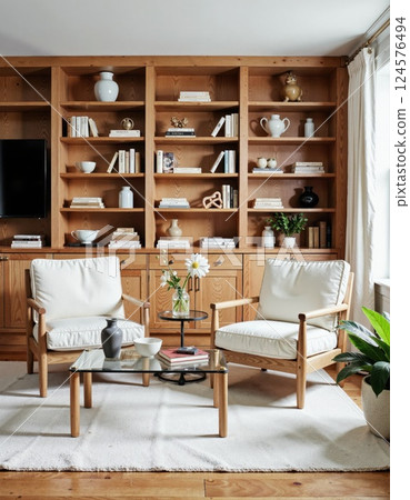 Cozy scandinavian living room with elegant wooden bookshelves and soft seating decor 124576494