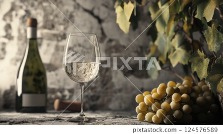 a glass of white wine, a bottle in the background, and a fresh bunch of green grapes with vine leaves 124576589