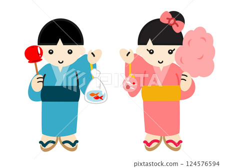 Boys and girls in yukata waving 124576594