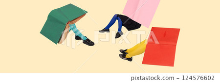 Contemporary art collage. Students' legs peeking from under oversized books in bold colors, showing playful interaction with knowledge. Contemporary art collage. Students' legs peeking from under oversized books in bold colors, showing playful interaction with knowledge. 124576602