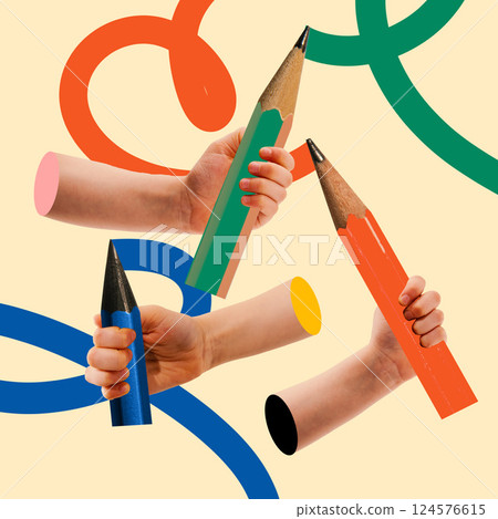 Conceptual art design. Multiple children's hands holding oversized colorful pencils in motion, representing unity in creativity. Conceptual art design. Multiple children's hands holding oversized colorful pencils in motion, representing unity in creativity. 124576615