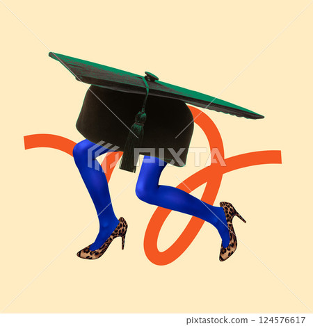Conceptual artwork. Graduation cap with running female legs in heels, showing rush toward future achievements. 124576617
