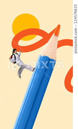 Conceptual art collage. Child climbing giant blue pencil with orange scribble, symbolizing creative leap into knowledge. Conceptual art collage. Child climbing giant blue pencil with orange scribble, symbolizing creative leap into knowledge. 124576635