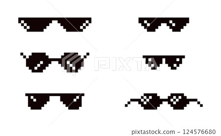 Pixel glasses 8 bit y2k, sunglasses. Meme icon, googgles. Mafia meme prank funny black hipster eyeglasses for gangster  124576680