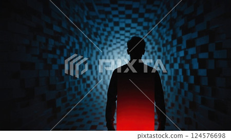 Silhouette Against a Vibrant Geometric Light Tunnel in Futuristic Scene 124576698